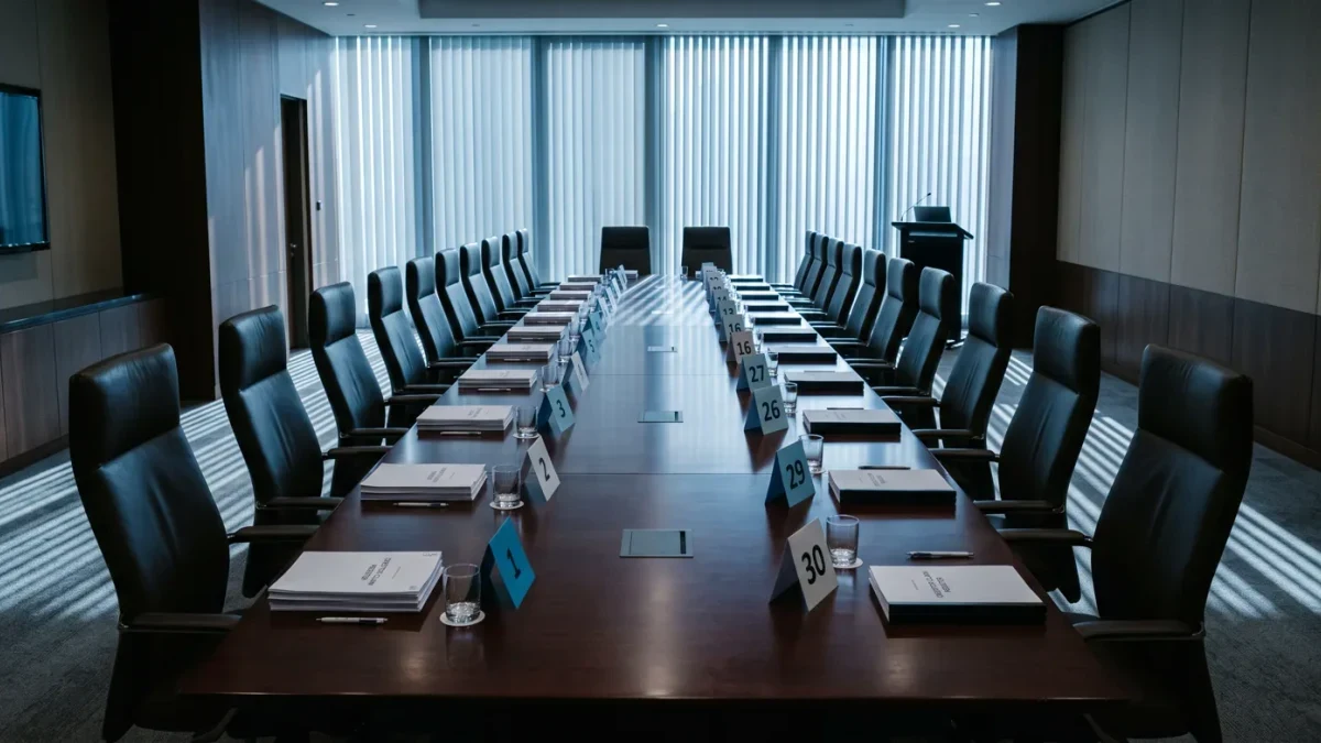 Empty corporate boardroom set for a creditors' meeting