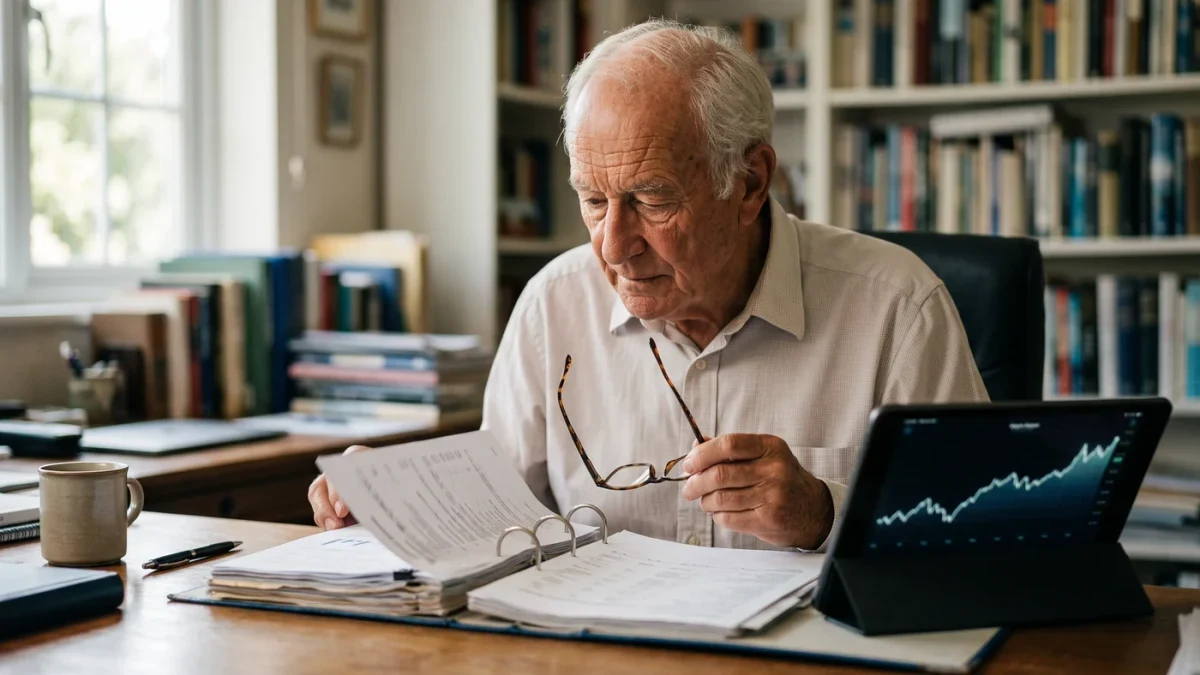 Retiree reviewing dividend statements with a portfolio binder