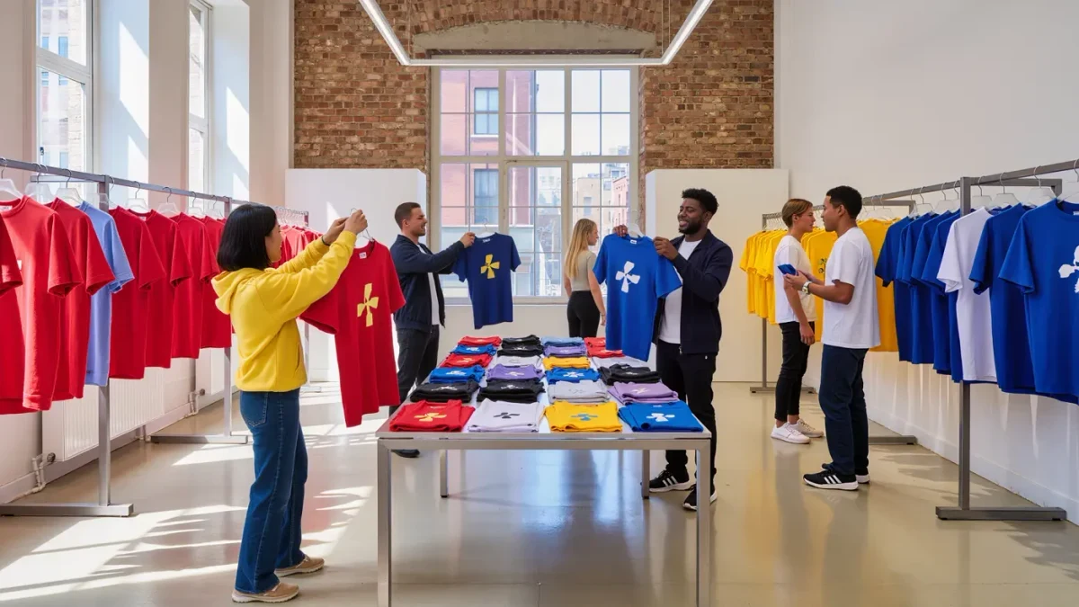 Young shoppers browsing printed T-shirts in a small graphic design store