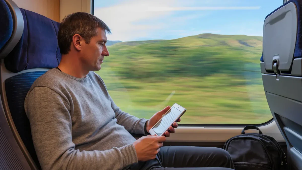 Train passenger reading e-reader during long journey by window