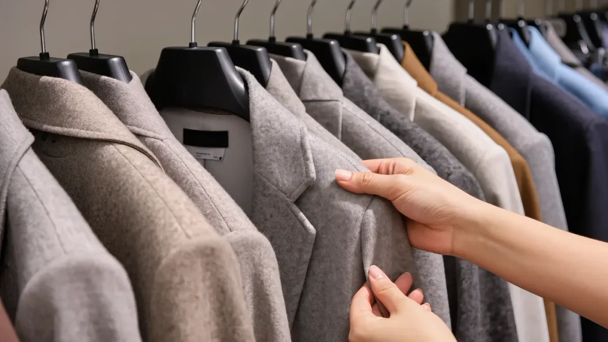 Close-up of hands checking the seam of a blazer on a crowded clothing rail