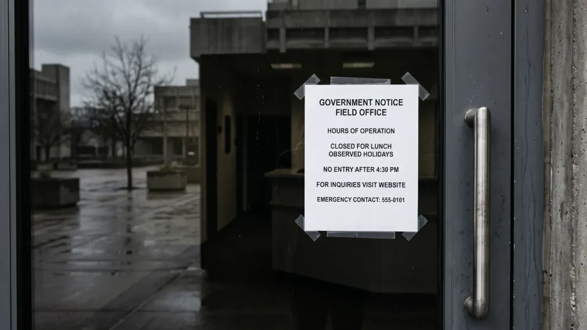 Closed federal office entrance with signage during a funding lapse