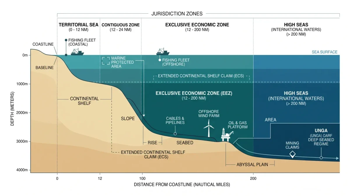 Ocean zones diagram from coasts to deep seabed with claim lines