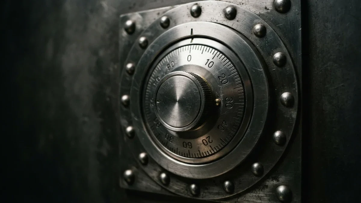 Close-up of a bank vault door with combination lock