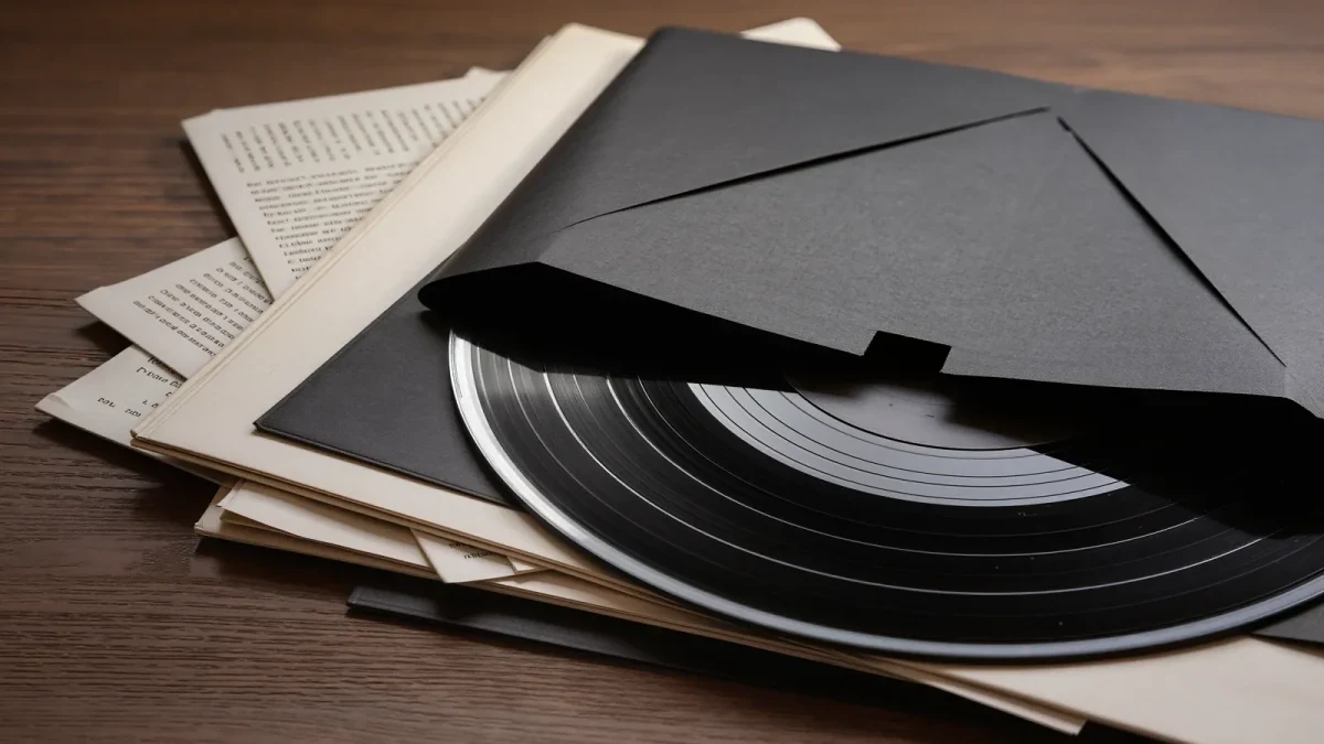 Close-up of vinyl records stacked beside folded review pages