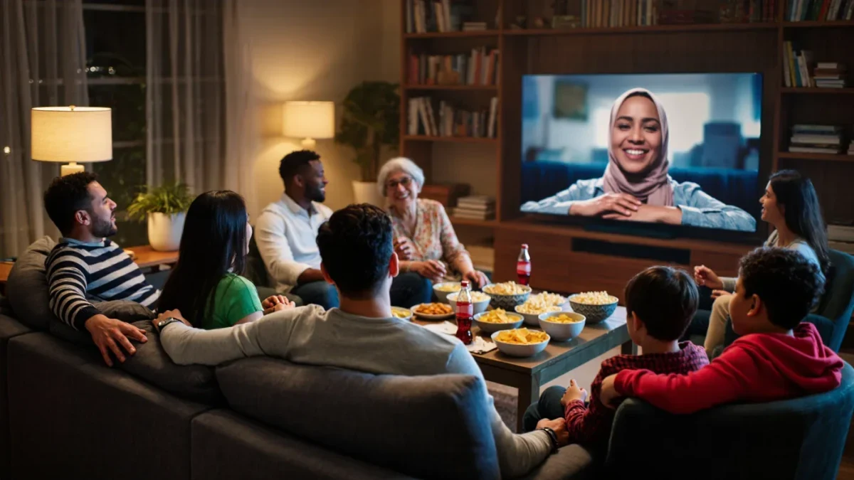 Friends watching an awards telecast at home, warm living room light