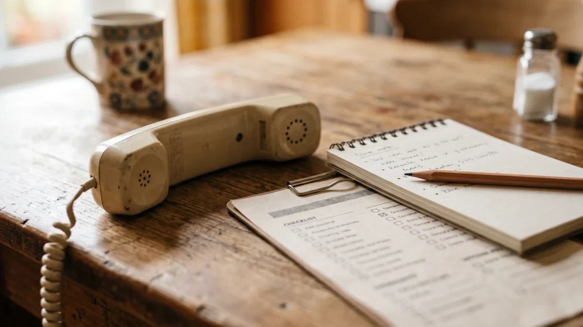 Handset on a table beside a checklist and notepad