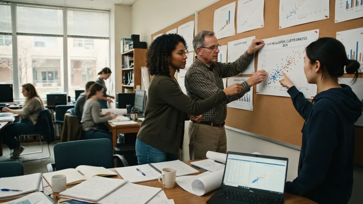 Analysts pinning printed correlation scatter plots during a university statistics seminar