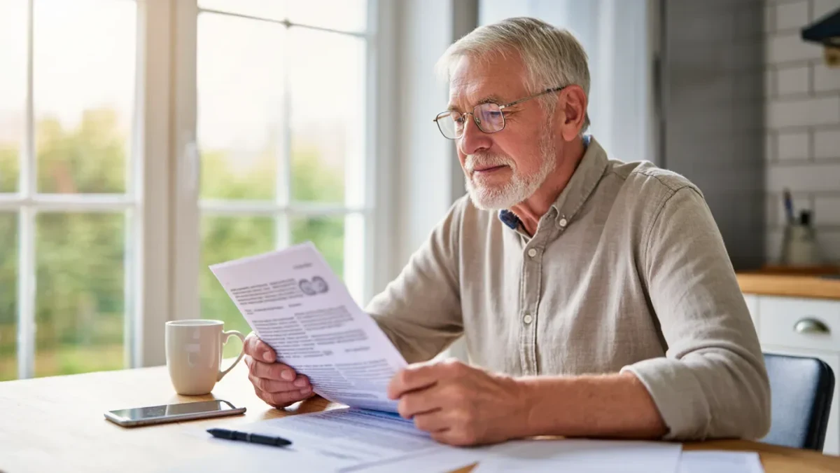 Retiree reading a Treasury statement beside a phone at a sunny table
