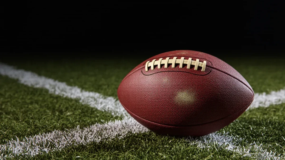 A worn football resting on indoor practice turf under studio light
