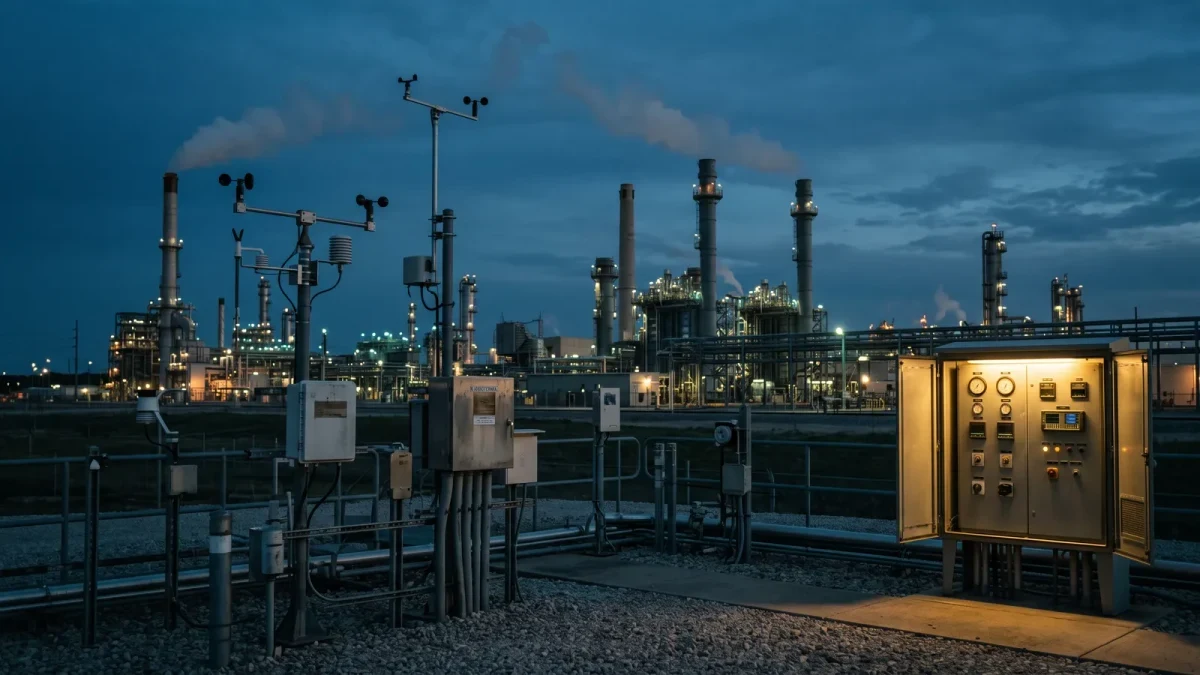 Industrial facility with emissions monitoring equipment at dusk