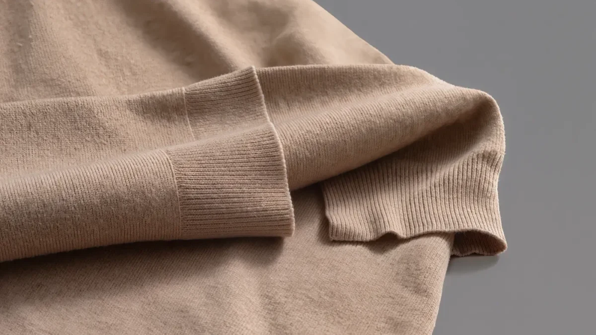 Studio close-up of a folded merino sweater with a visible tight knit texture under hard light