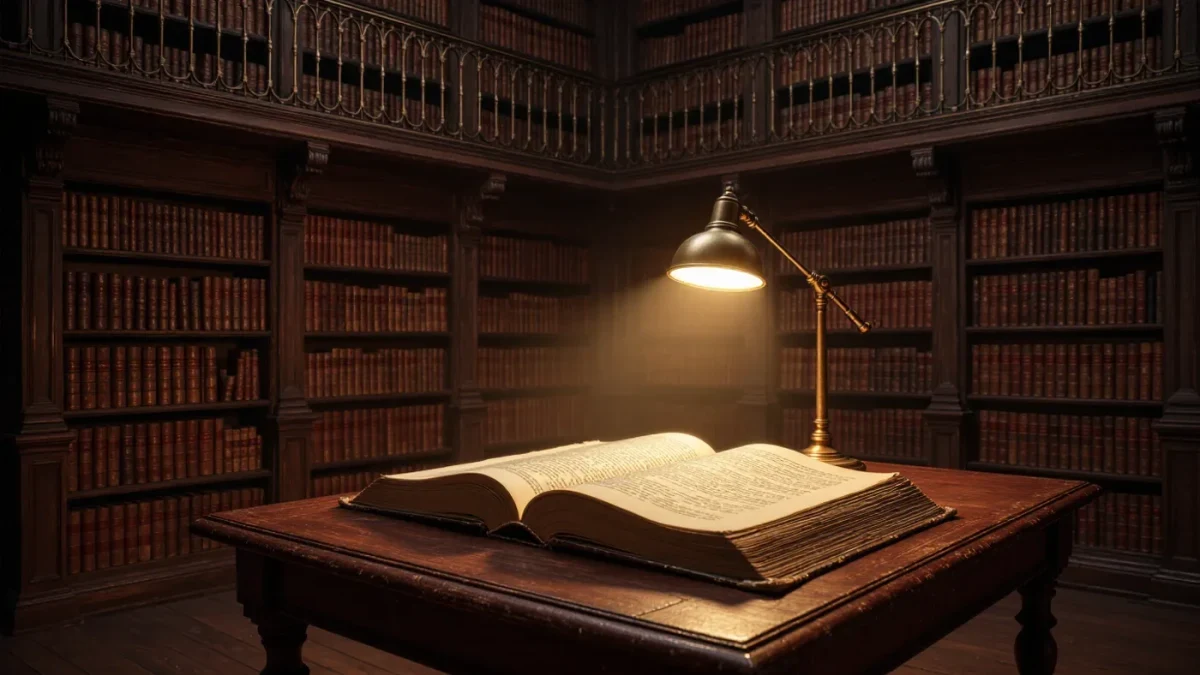 Antique library shelves with an open quotation reference volume