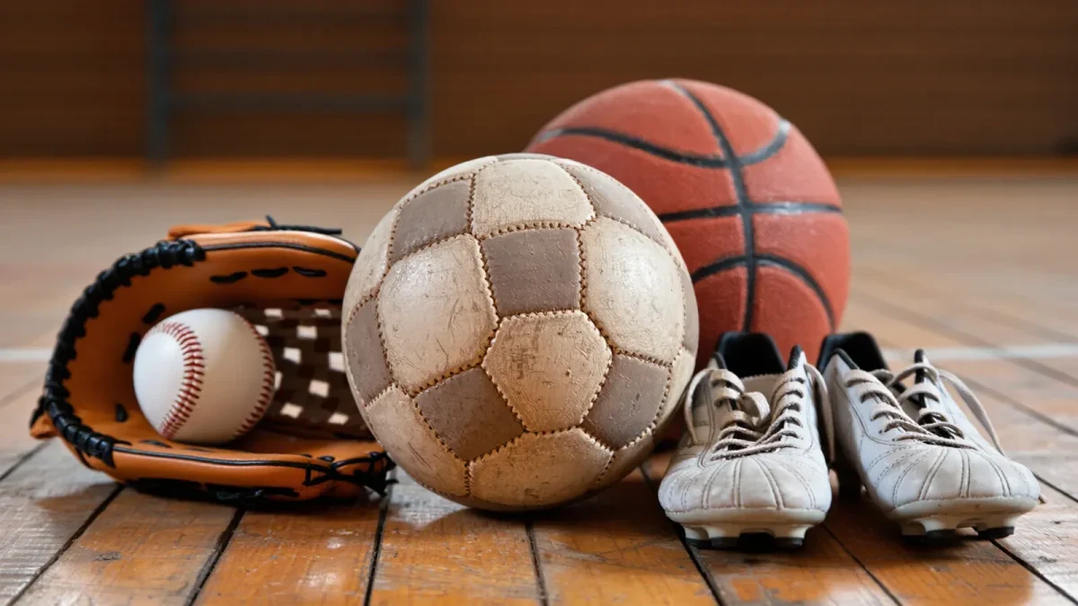 Close-up of youth sports equipment from several different sports