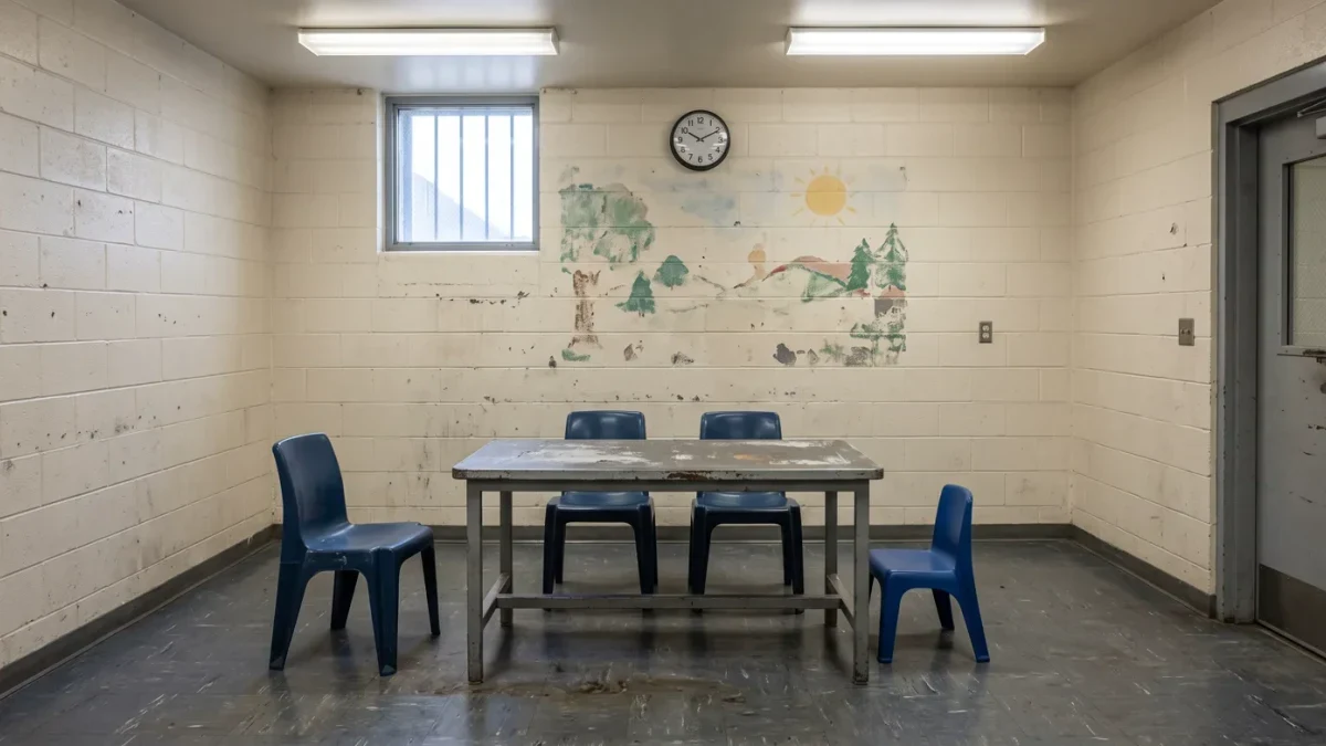 Empty visiting room with a youth-sized chair beside an institutional table
