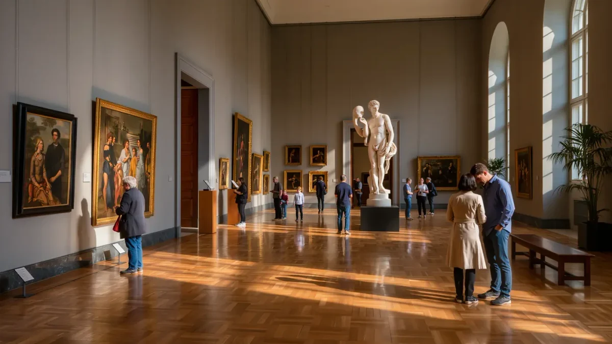Older visitors examining paintings in a bright American art museum gallery