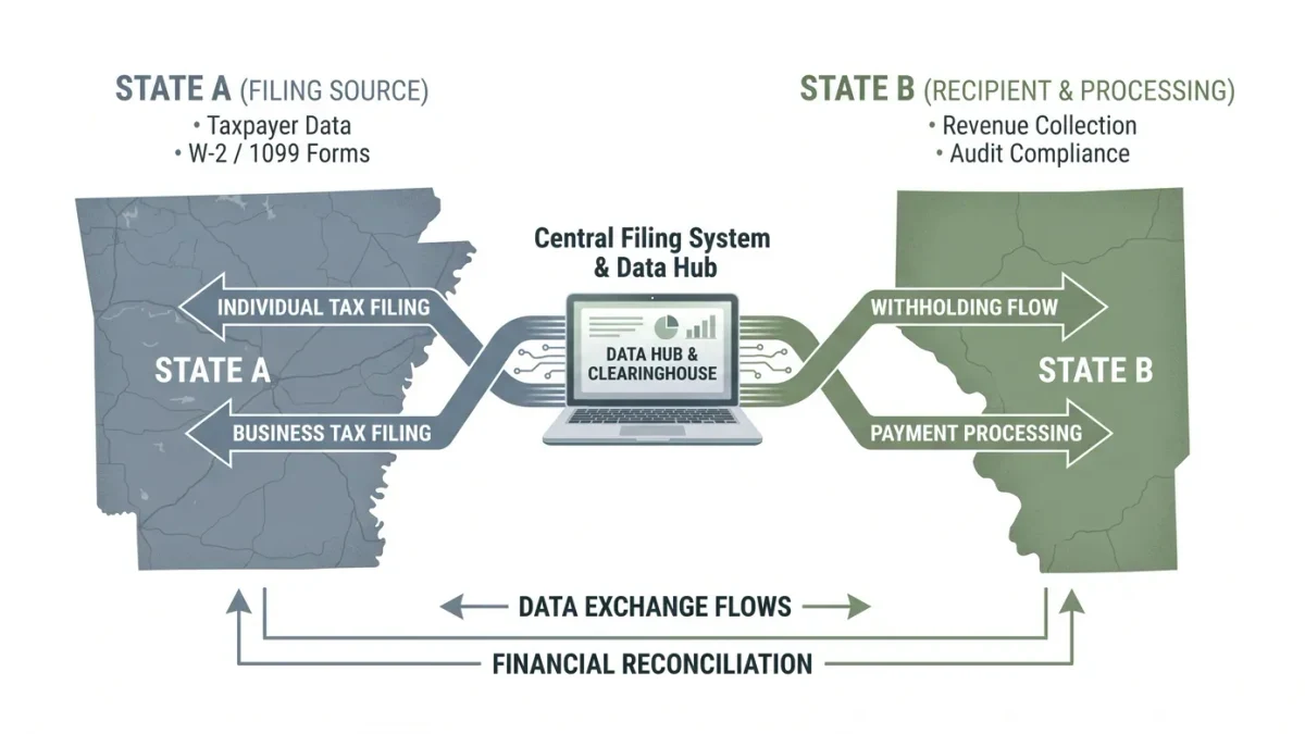 Infographic of two states split by a laptop and crossing filing arrows