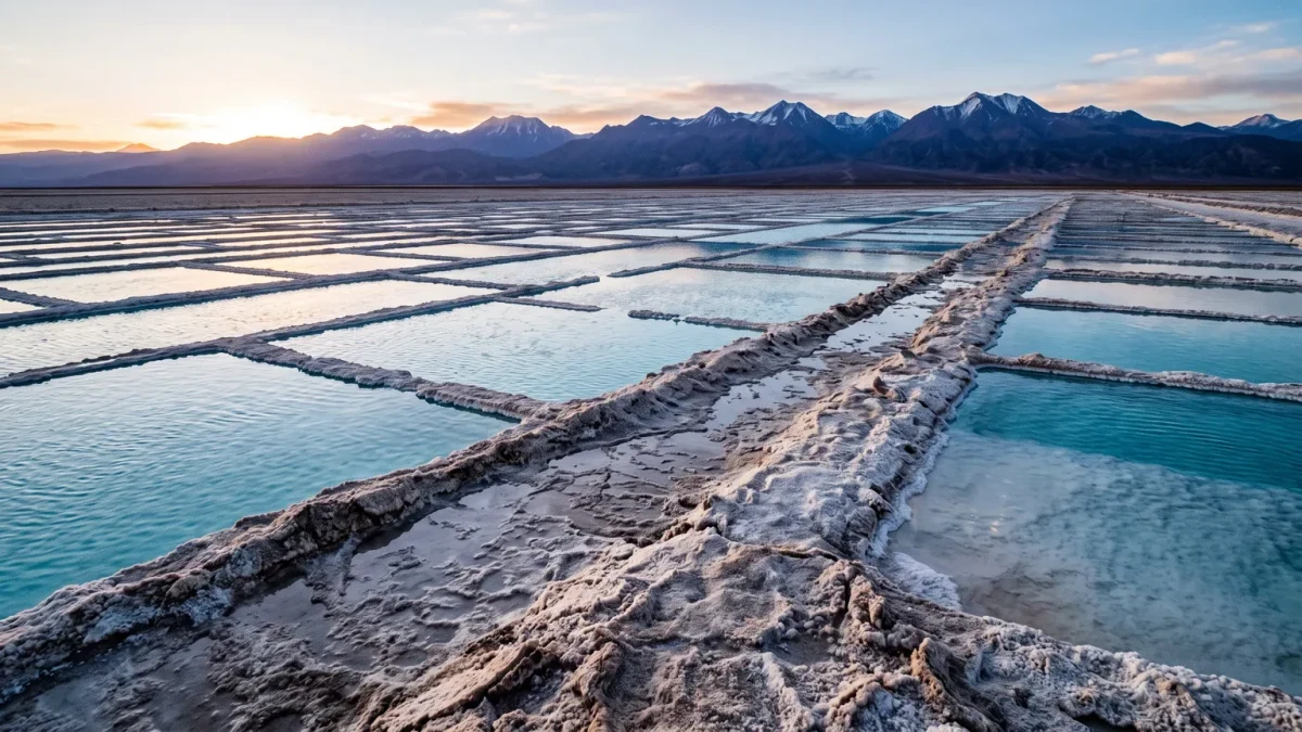 Abandoned brine-evaporation salt flats under wide sky at dawn
