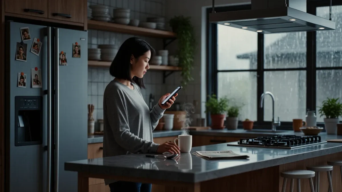 Freelance creator checking her banking app on a rainy morning
