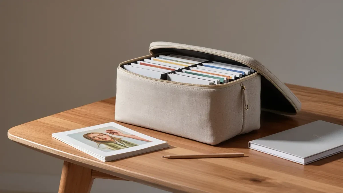 Portfolio case open to small printed paintings on desk