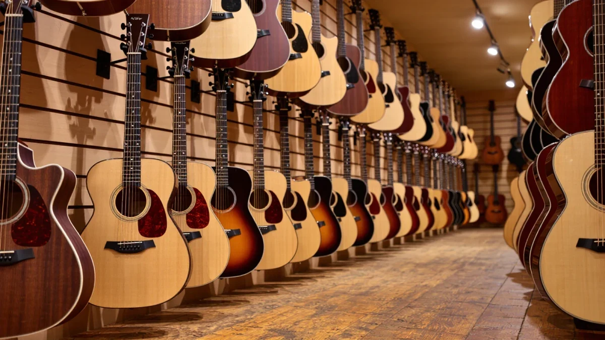 Acoustic guitars hanging on a shop wall in warm light