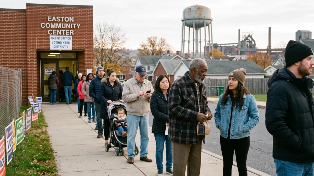 Voters at a polling station in a manufacturing town