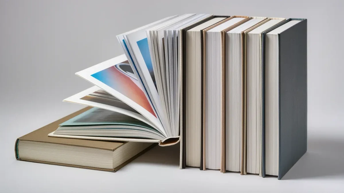 Close-up of thick oversized art books stacked with blank cloth spines