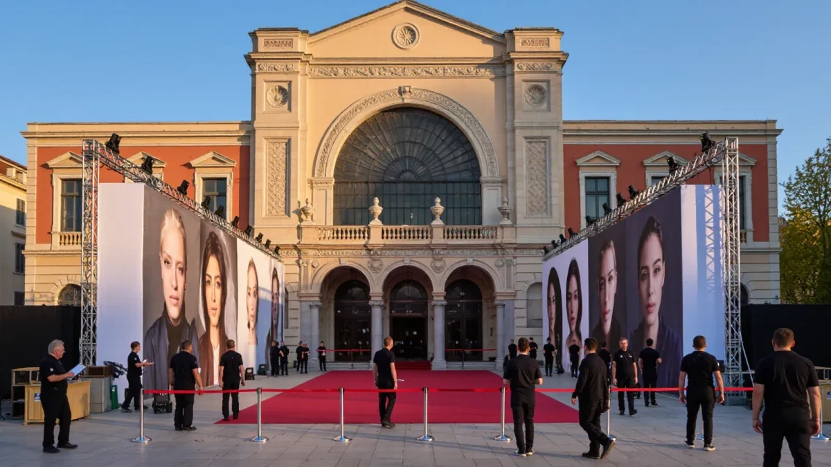 Event crew assembling a red carpet backdrop before a film premiere