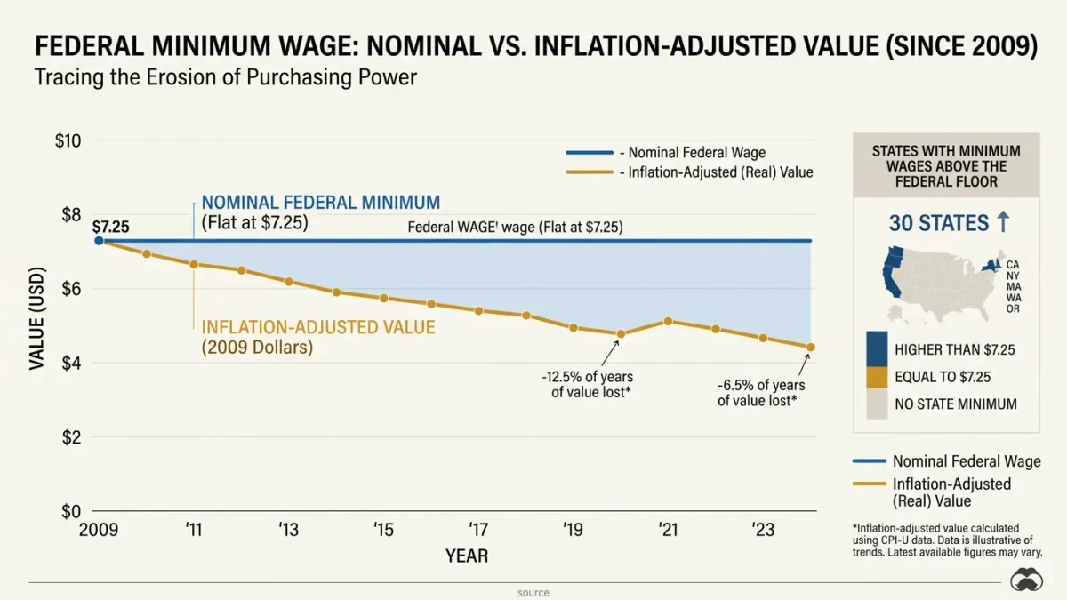Infographic of federal minimum wage real value since 2009