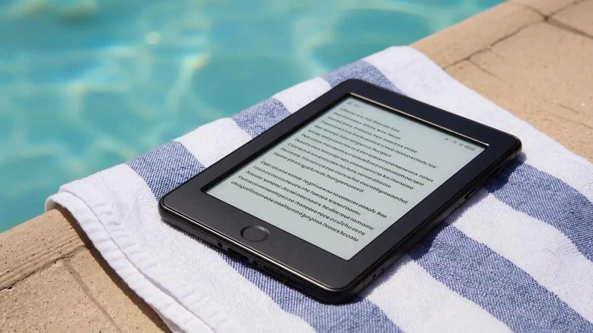 Close-up of matte e-reader screen in bright poolside sunlight
