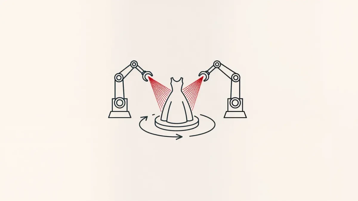 Diagram of a rotating plinth flanked by two robotic arms spraying a dress