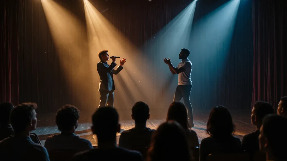 Actors signing and speaking together on a spotlit theater stage