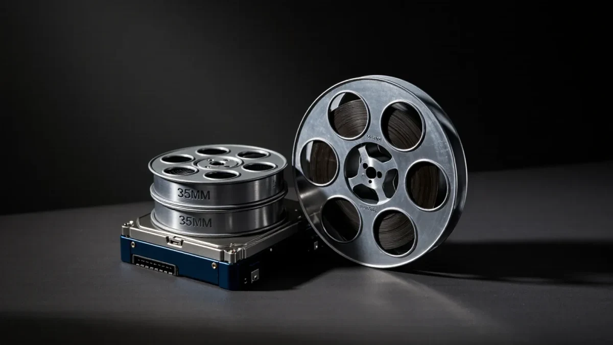 Close-up of theatrical release film canisters beside a digital delivery drive