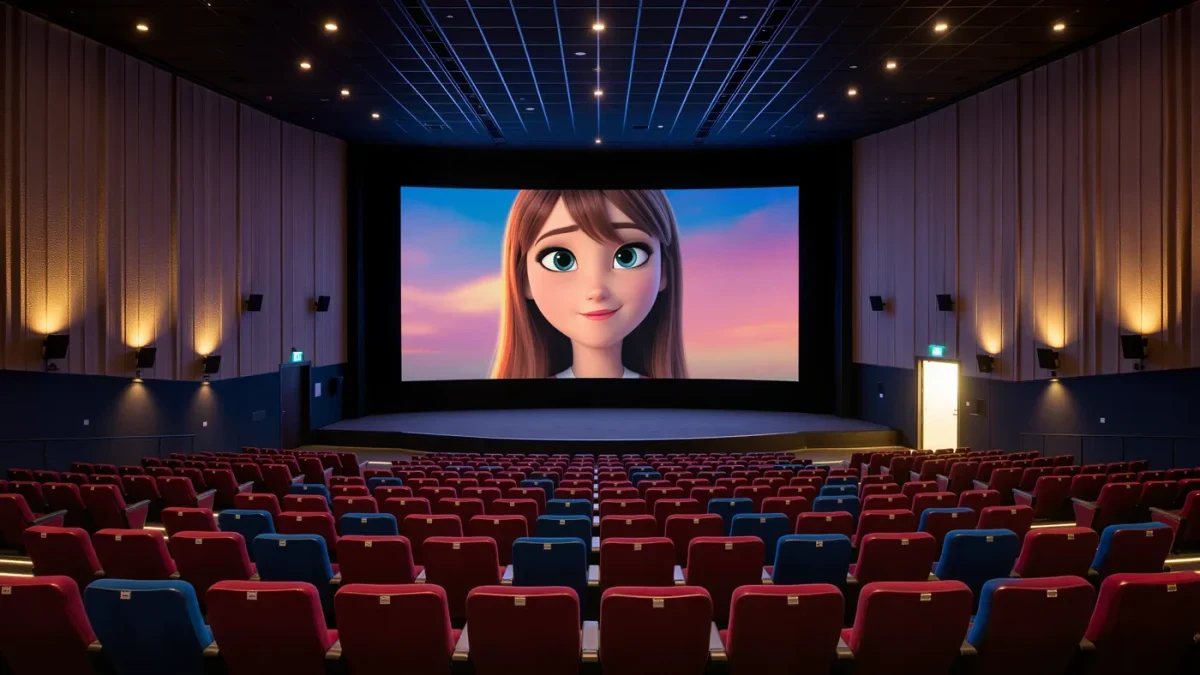 Empty cinema auditorium with house lights up and a film softly playing