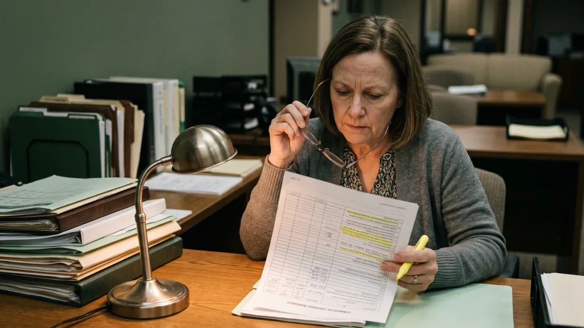 Underwriter reviewing coverage worksheet under lamplight