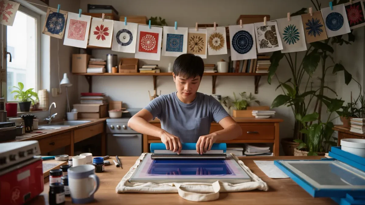 Printer drawing a squeegee across a screen above a tote bag