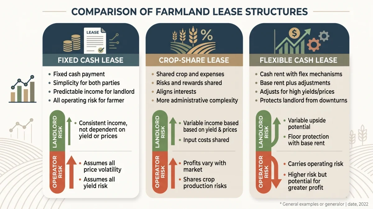 Three-column diagram comparing cash, crop-share and flexible leases