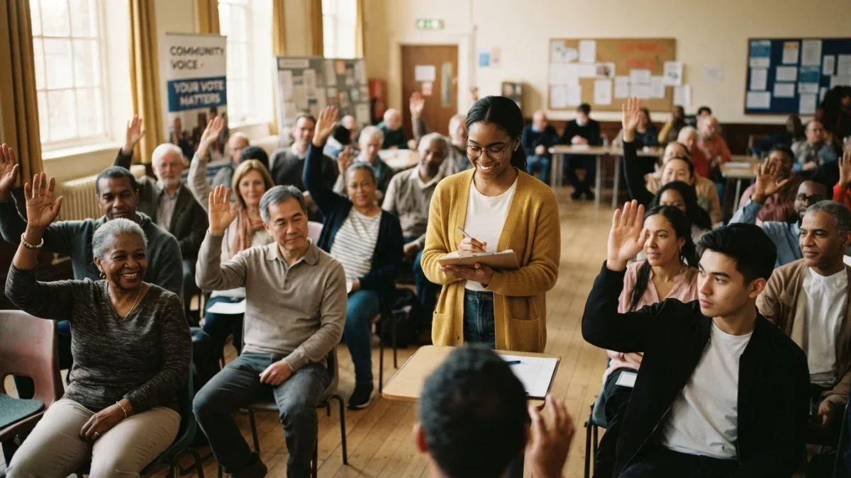 Diverse residents raising hands in a community vote to reach agreement