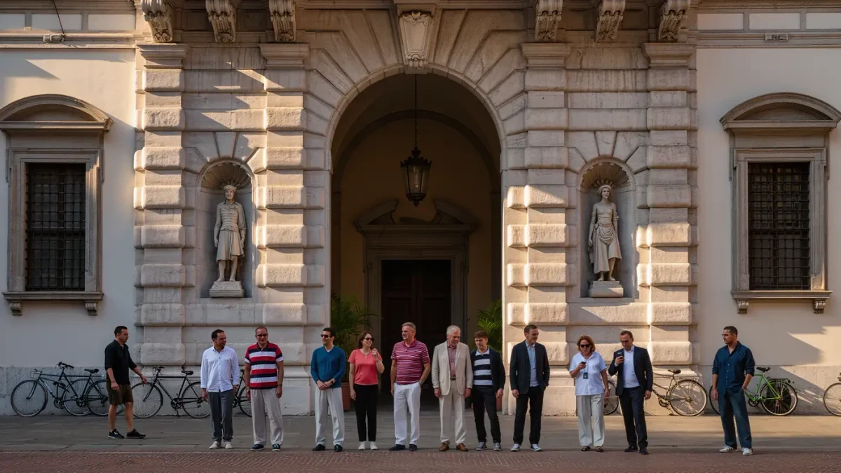 Street style crowd gathered outside a menswear show venue in summer