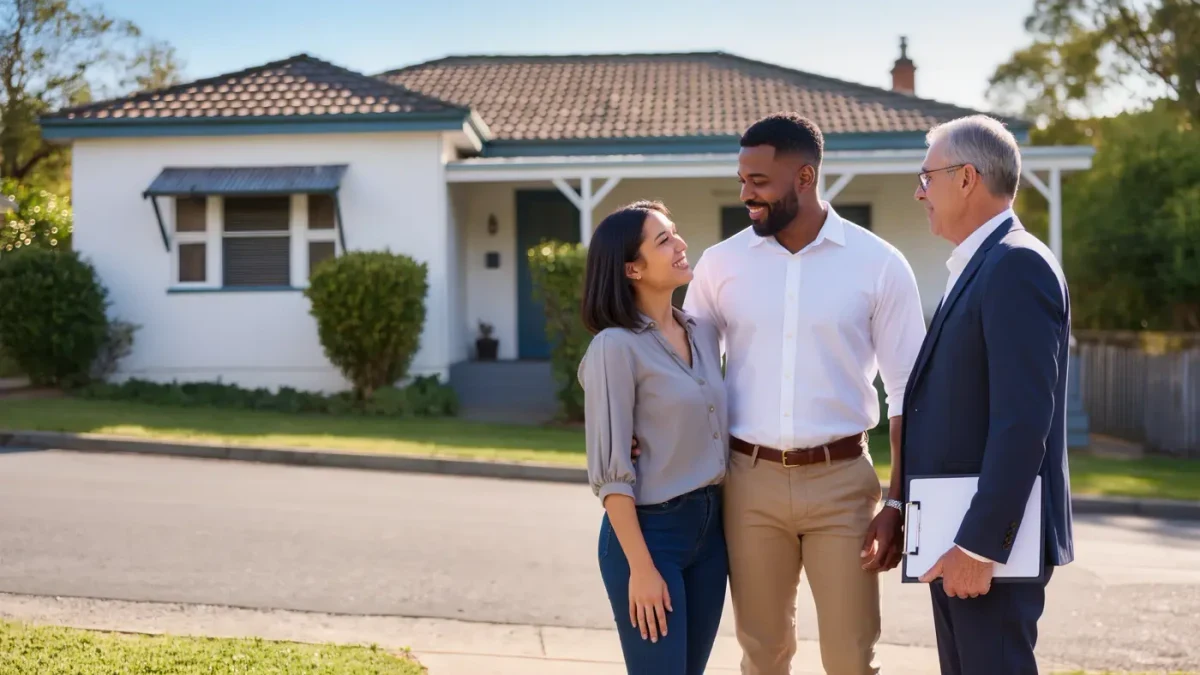 Couple viewing a for-sale single-family home with their agent outside