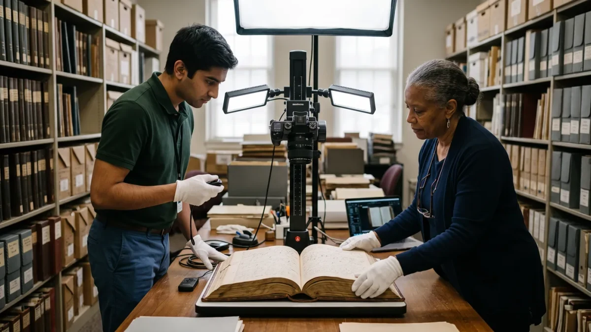 Archivist photographing bound Federal Register volumes for digitization