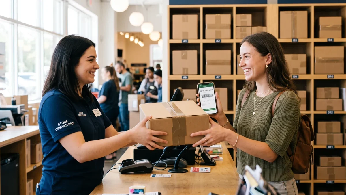 Employee handing a pickup order to a customer at a store counter