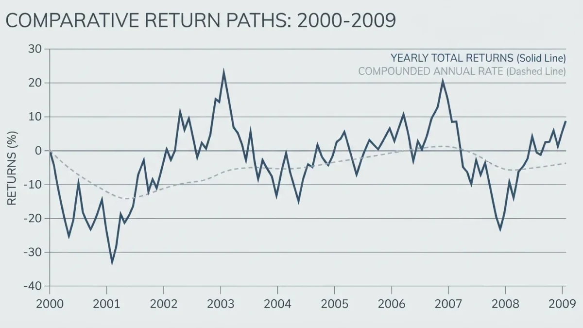 Jagged annual returns plotted against a smooth compound growth line