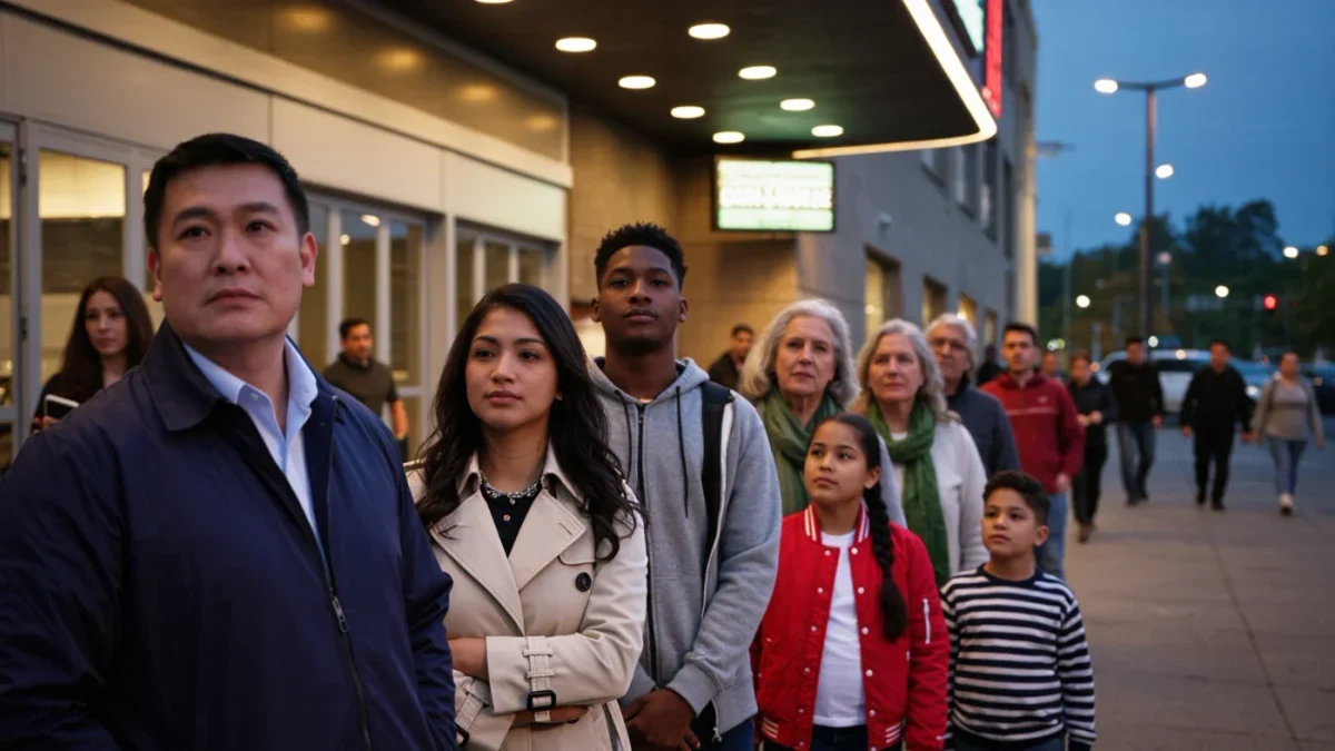 Moviegoers queue outside a multiplex at dusk for a premiere