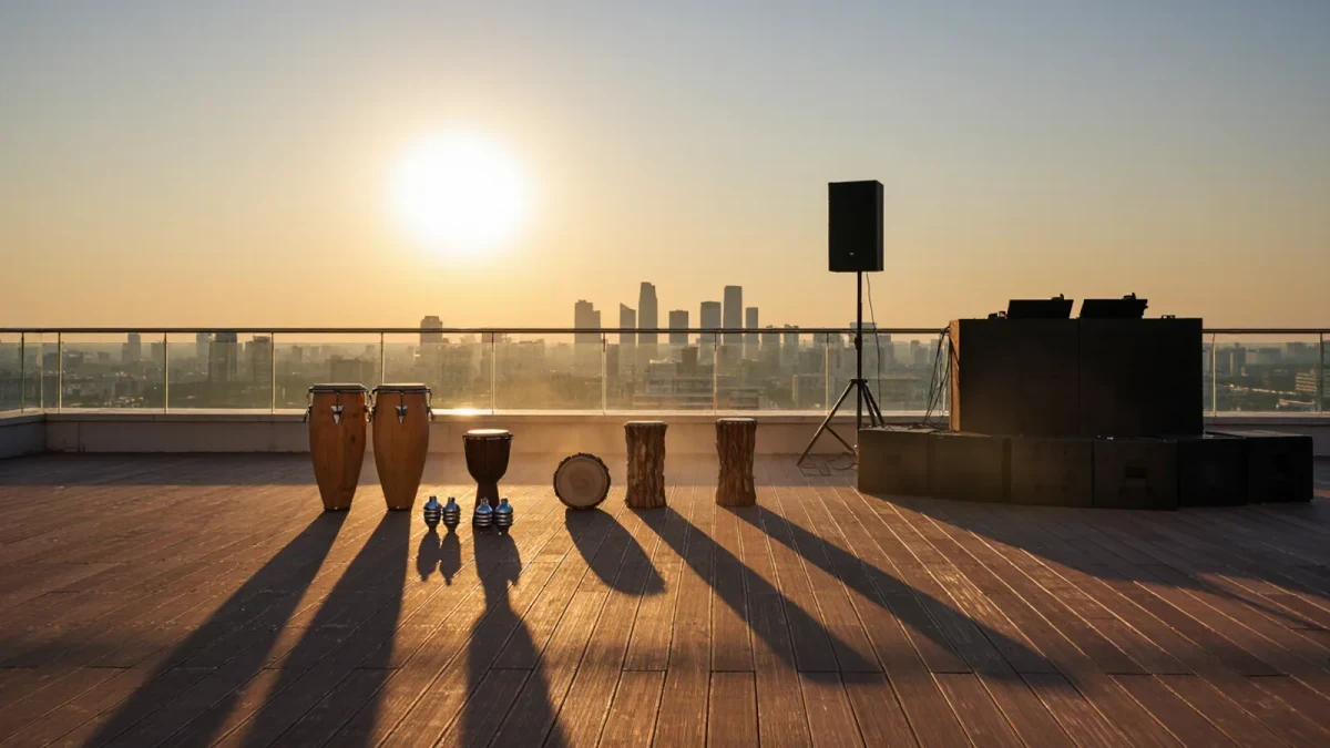 Rooftop dancefloor setup at golden hour with percussion