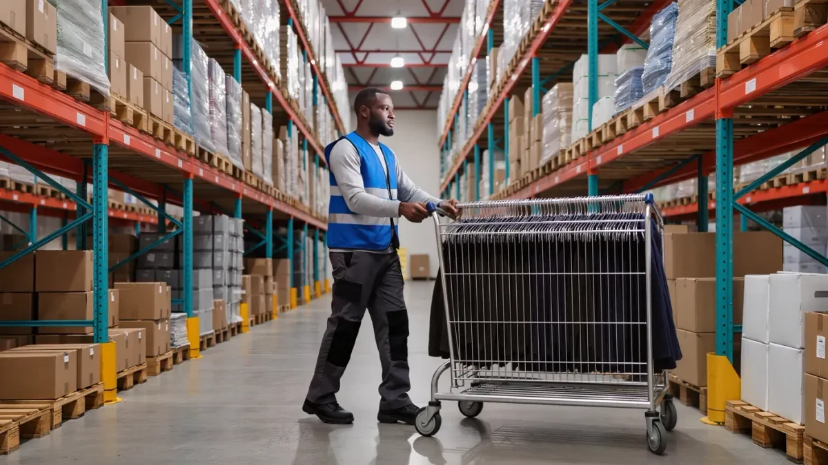 Worker moving garment racks inside a busy apparel distribution warehouse