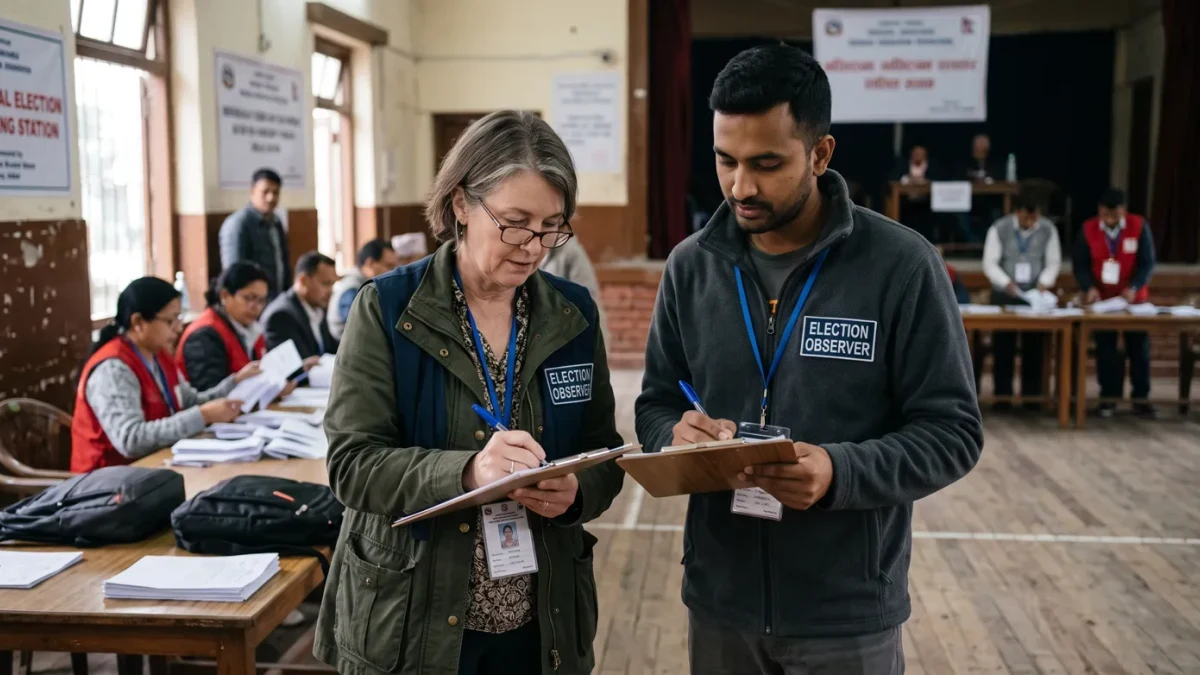 Observers completing checklist forms beside a polling station table