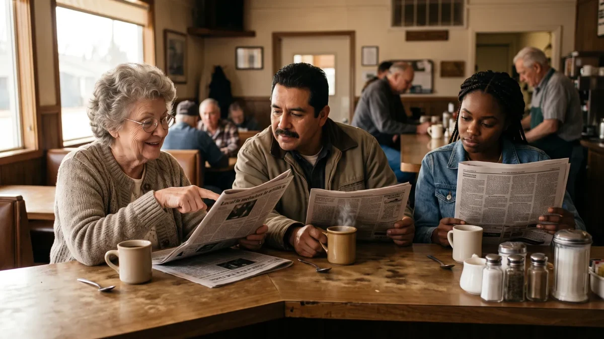 Residents reading a small-town weekly newspaper at a diner counter
