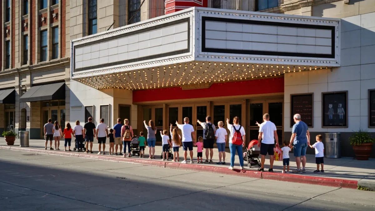 Diverse families lining up outside a cinema on a sunny afternoon
