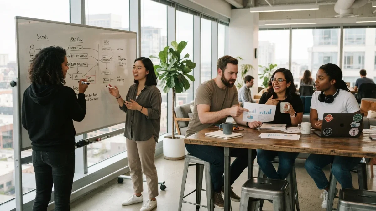 Fintech startup team collaborating around a whiteboard in a modern office